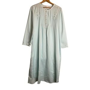 Vtg Miss Elaine Flannel Long Nightgown Dress Long Sleeve Floral Embroidered S